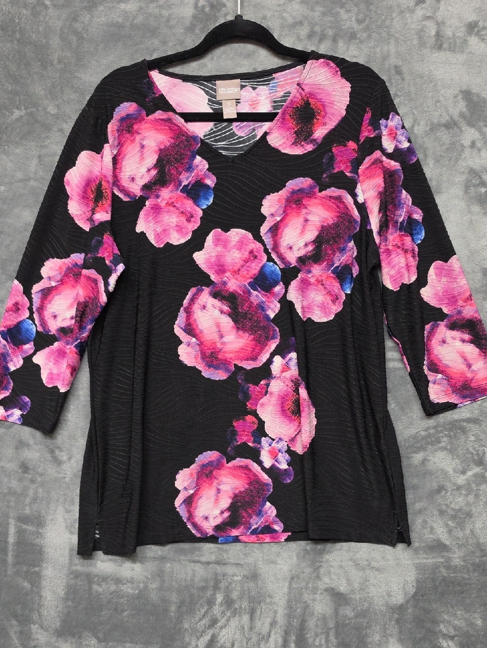 Chico's Black Tunic with Pink and Purple Floral Print sz 2(Large)